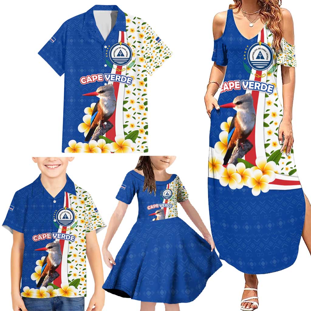 Cape Verde Family Matching Summer Maxi Dress and Hawaiian Shirt with Kingfisher Bird Floral Flag Spirit