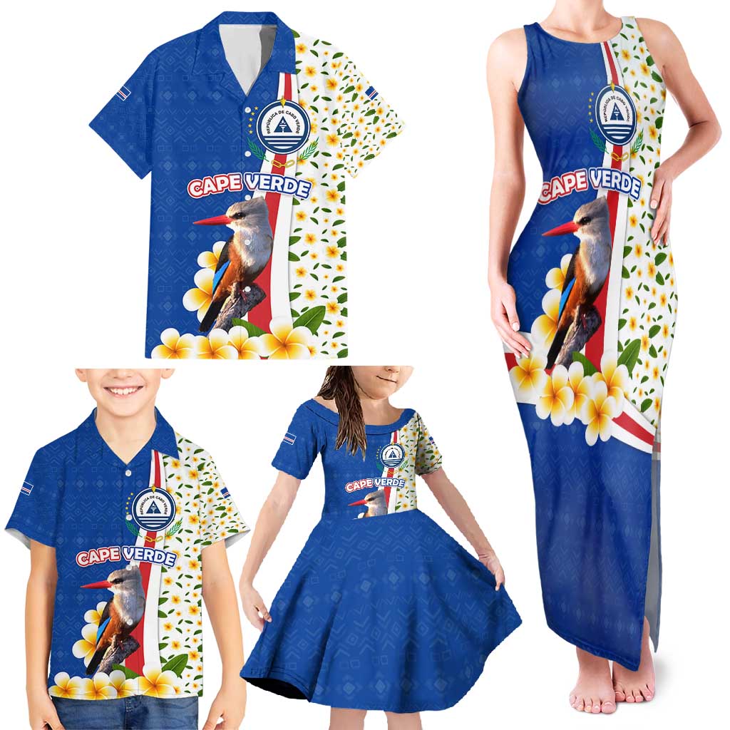 Cape Verde Family Matching Tank Maxi Dress and Hawaiian Shirt with Kingfisher Bird Floral Flag Spirit