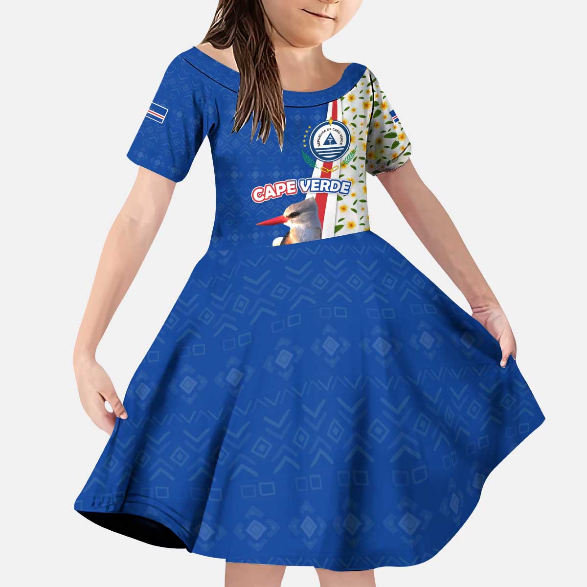 Cape Verde Kid Short Sleeve Dress with Kingfisher Bird Floral Flag Spirit