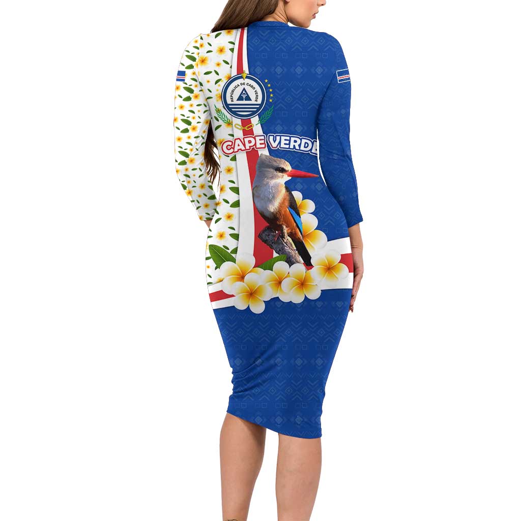 Cape Verde Long Sleeve Bodycon Dress with Kingfisher Bird Floral Flag Spirit