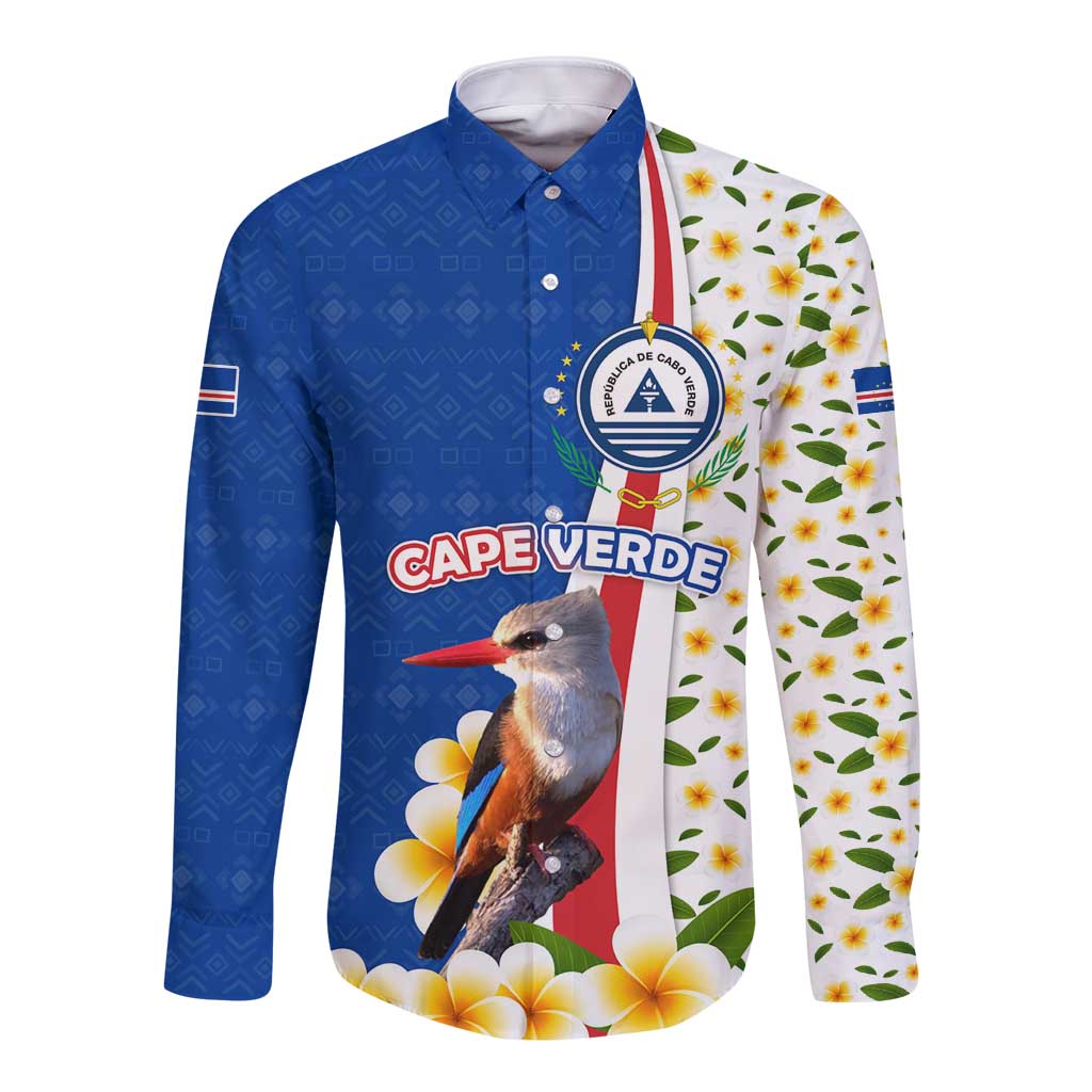 Cape Verde Long Sleeve Button Shirt with Kingfisher Bird Floral Flag Spirit