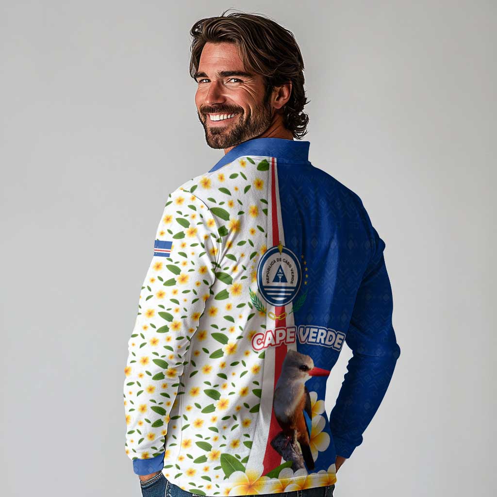 Cape Verde Long Sleeve Polo Shirt with Kingfisher Bird Floral Flag Spirit