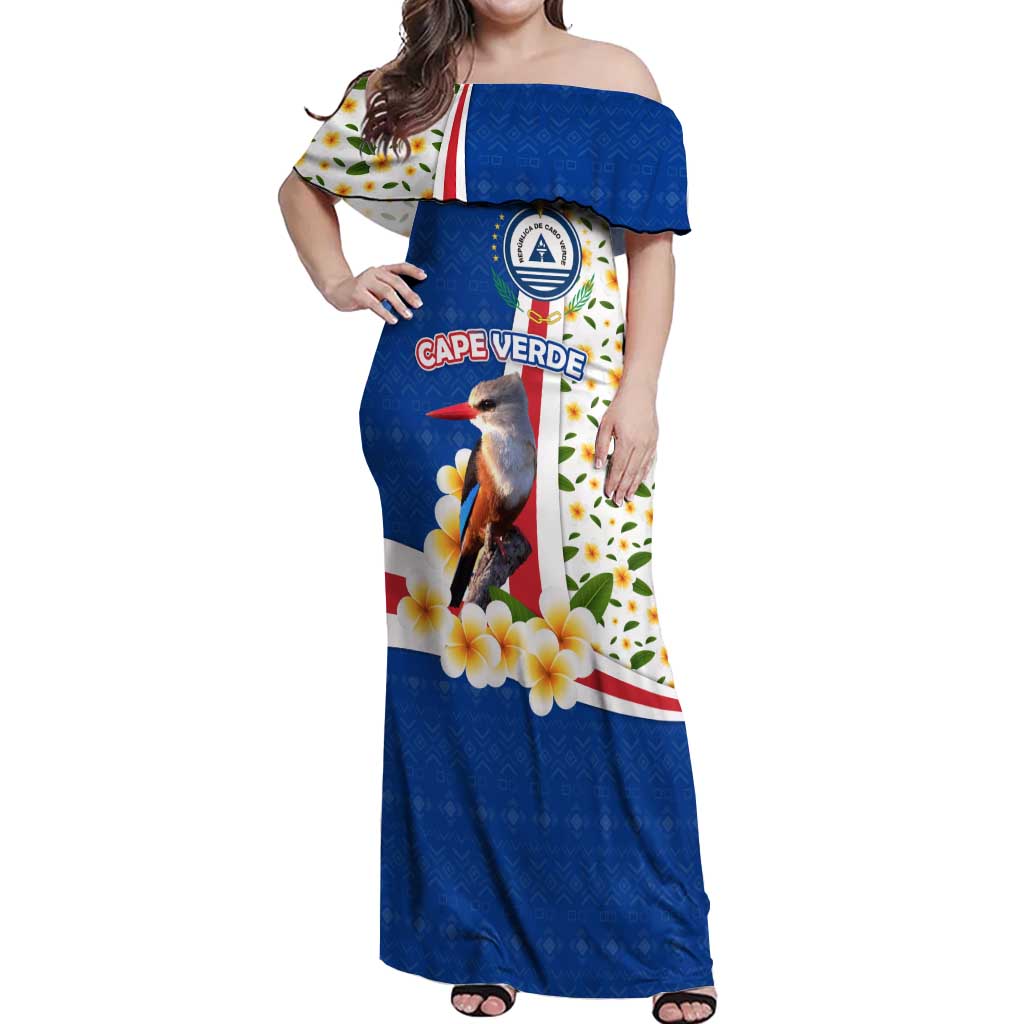 Cape Verde Off Shoulder Maxi Dress with Kingfisher Bird Floral Flag Spirit
