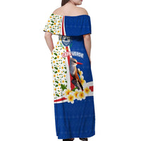 Cape Verde Off Shoulder Maxi Dress with Kingfisher Bird Floral Flag Spirit