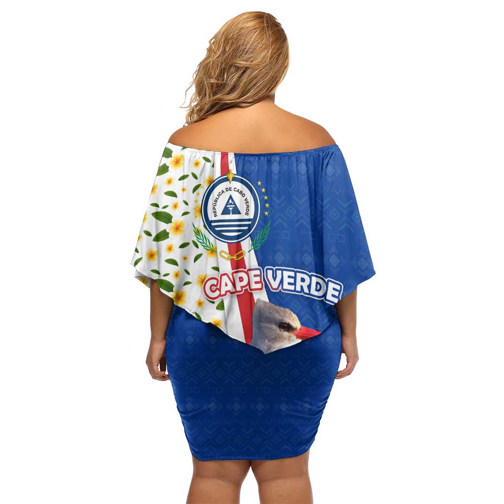 Cape Verde Off Shoulder Short Dress with Kingfisher Bird Floral Flag Spirit