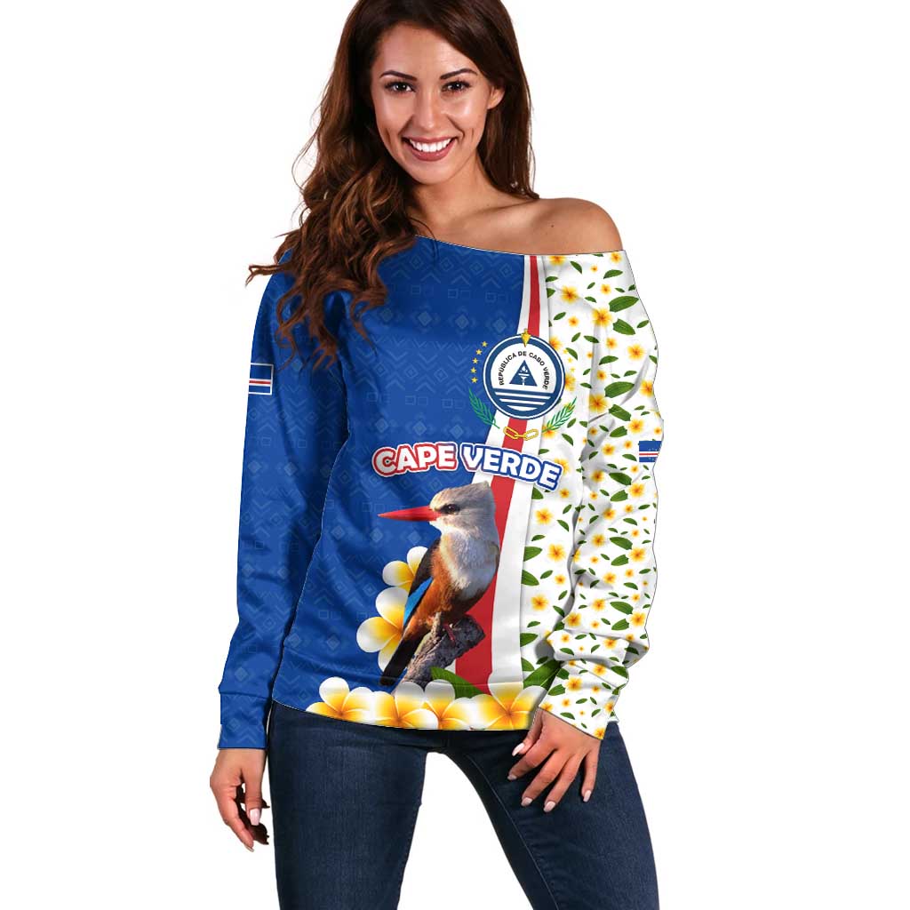 Cape Verde Off Shoulder Sweater with Kingfisher Bird Floral Flag Spirit