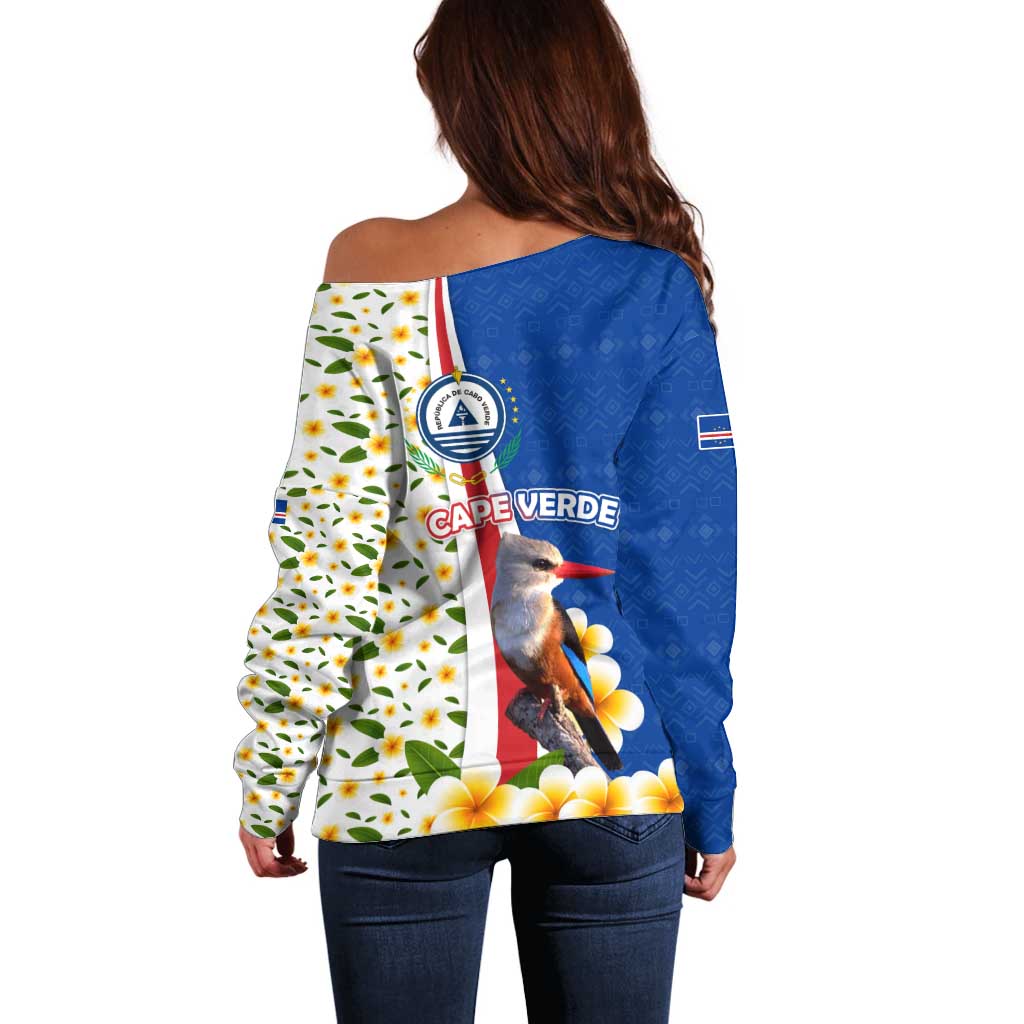 Cape Verde Off Shoulder Sweater with Kingfisher Bird Floral Flag Spirit