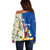 Cape Verde Off Shoulder Sweater with Kingfisher Bird Floral Flag Spirit