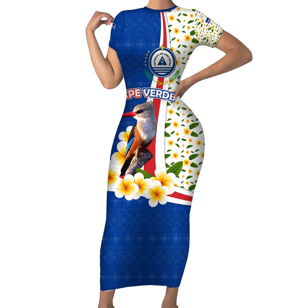 Cape Verde Short Sleeve Bodycon Dress with Kingfisher Bird Floral Flag Spirit