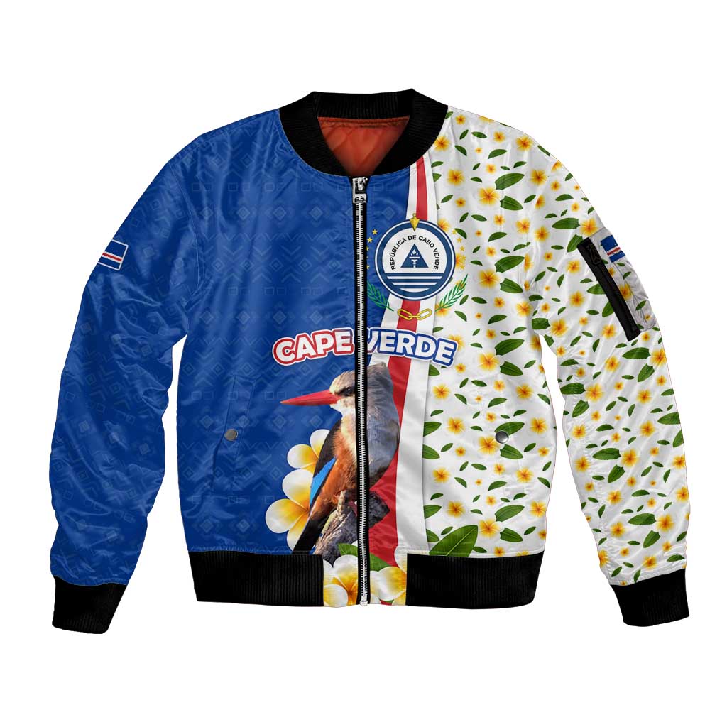 Cape Verde Sleeve Zip Bomber Jacket with Kingfisher Bird Floral Flag Spirit