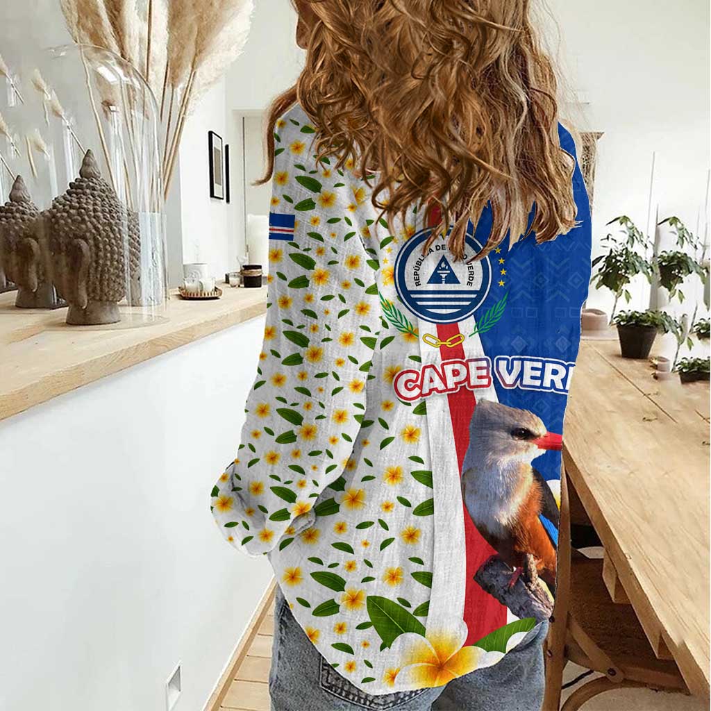 Cape Verde Women Casual Shirt with Kingfisher Bird Floral Flag Spirit