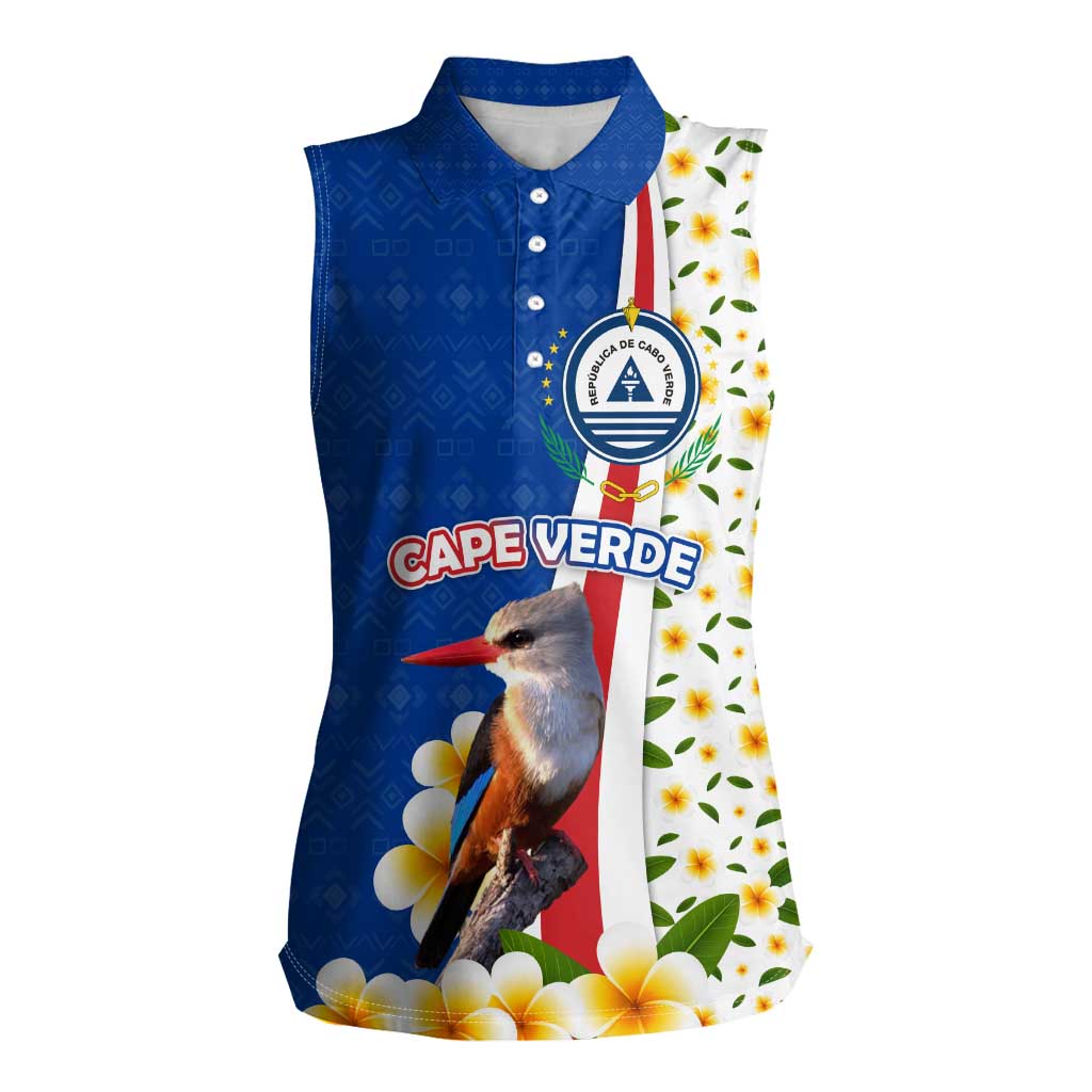 Cape Verde Women Sleeveless Polo Shirt with Kingfisher Bird Floral Flag Spirit