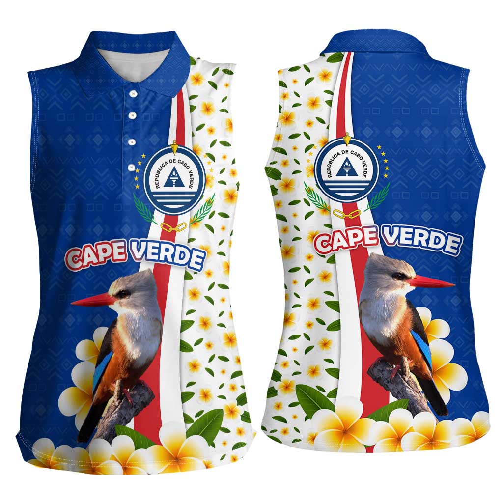 Cape Verde Women Sleeveless Polo Shirt with Kingfisher Bird Floral Flag Spirit