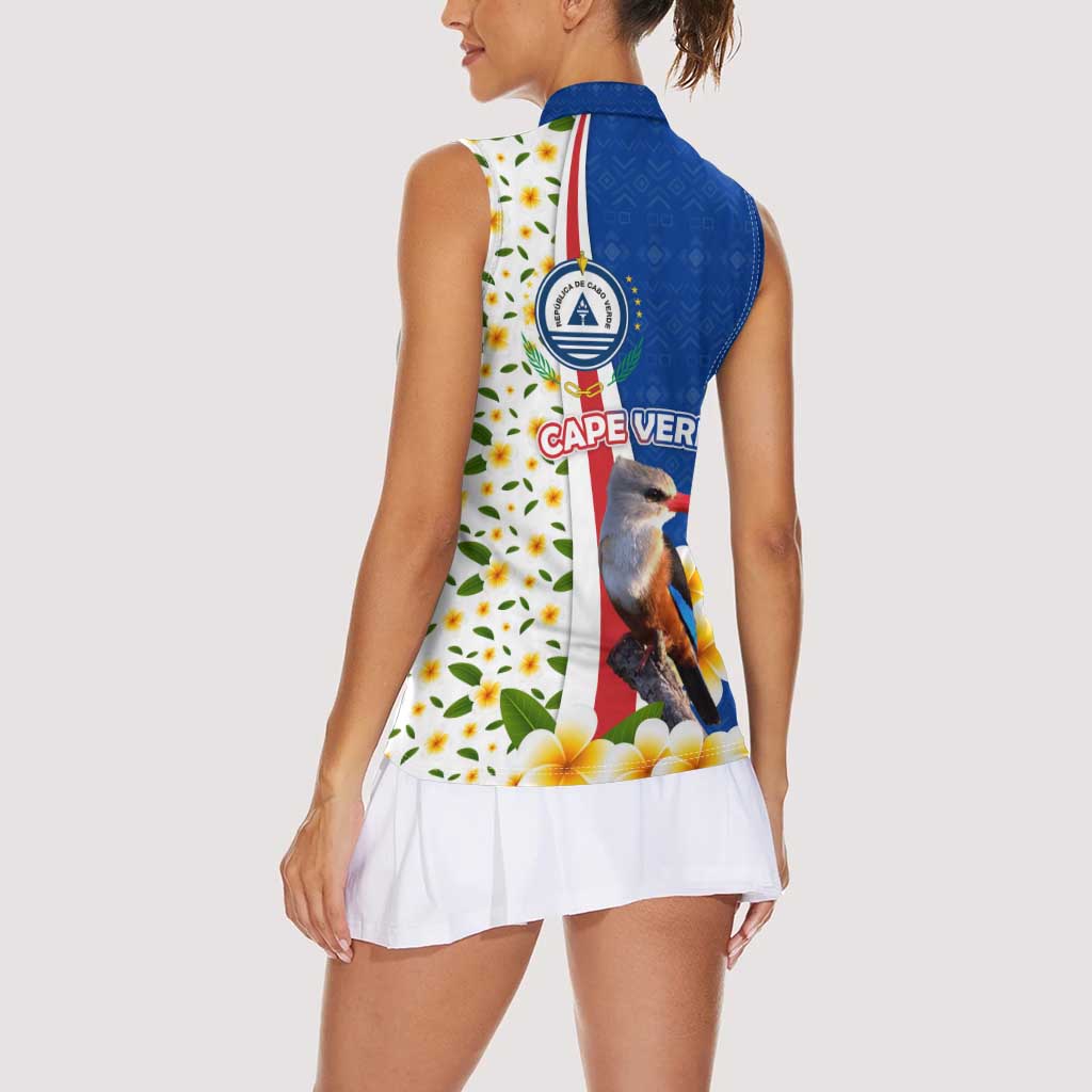 Cape Verde Women Sleeveless Polo Shirt with Kingfisher Bird Floral Flag Spirit