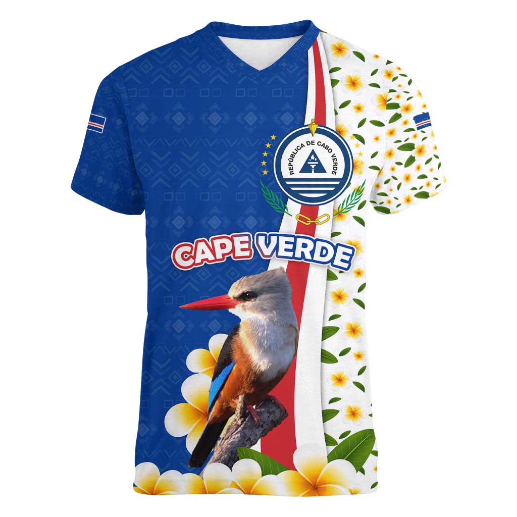 Cape Verde Women V-Neck T-Shirt with Kingfisher Bird Floral Flag Spirit