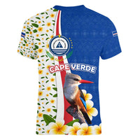 Cape Verde Women V-Neck T-Shirt with Kingfisher Bird Floral Flag Spirit