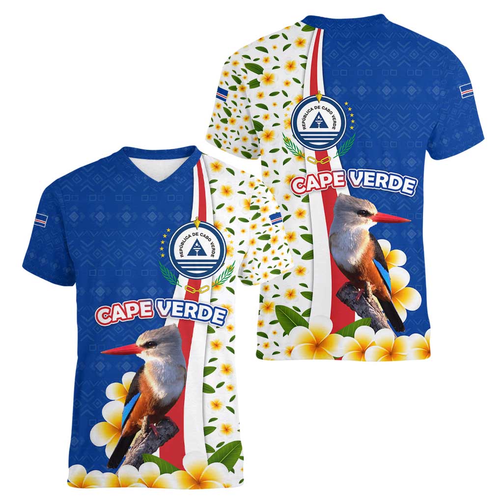 Cape Verde Women V-Neck T-Shirt with Kingfisher Bird Floral Flag Spirit