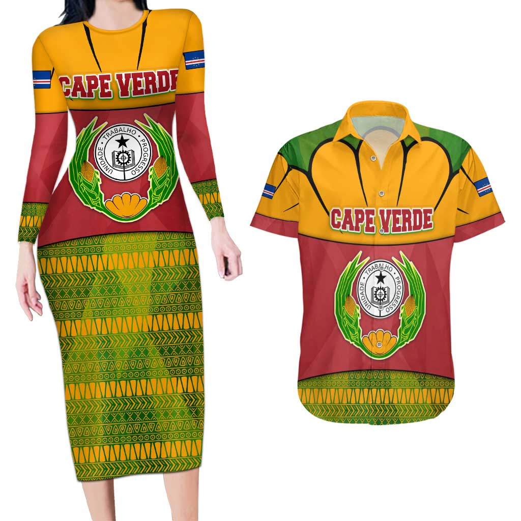 Cape Verde Couples Matching Long Sleeve Bodycon Dress and Hawaiian Shirt with One Heart Ten Islands National Emblem Spirit
