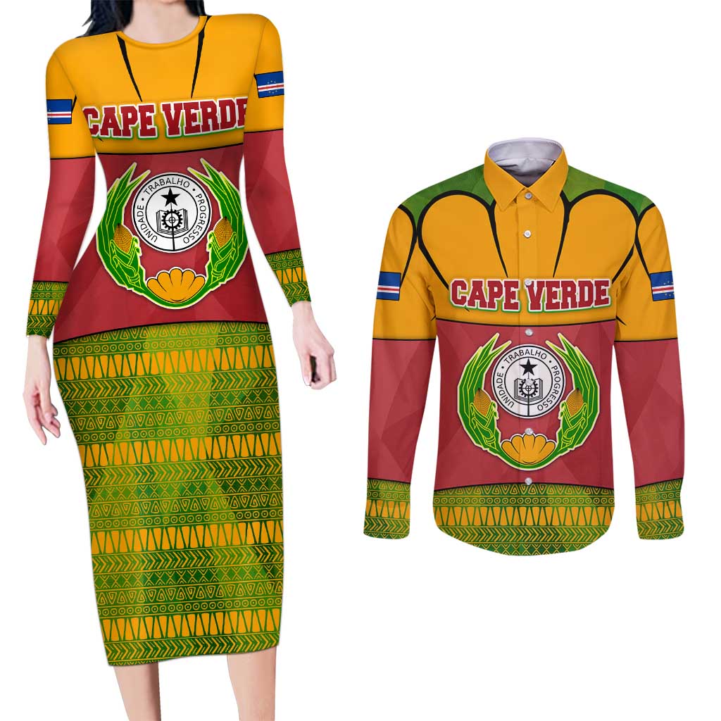 Cape Verde Couples Matching Long Sleeve Bodycon Dress and Long Sleeve Button Shirt with One Heart Ten Islands National Emblem Spirit