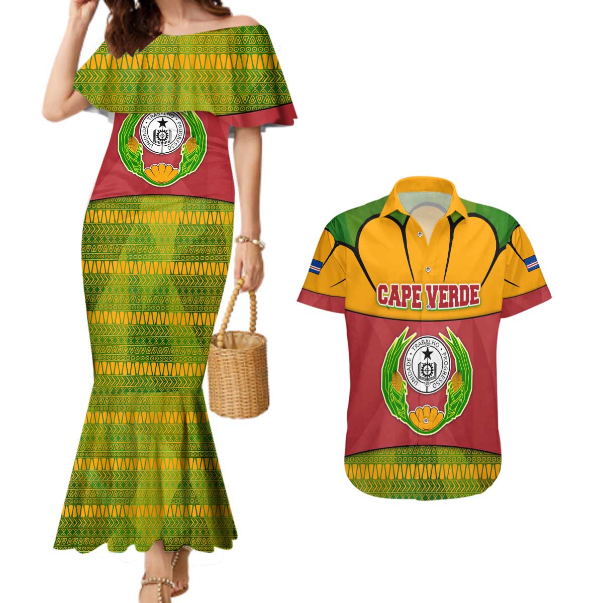 Cape Verde Couples Matching Mermaid Dress and Hawaiian Shirt with One Heart Ten Islands National Emblem Spirit