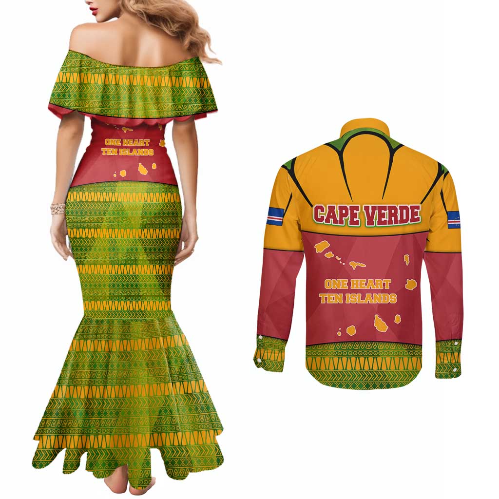 Cape Verde Couples Matching Mermaid Dress and Long Sleeve Button Shirt with One Heart Ten Islands National Emblem Spirit