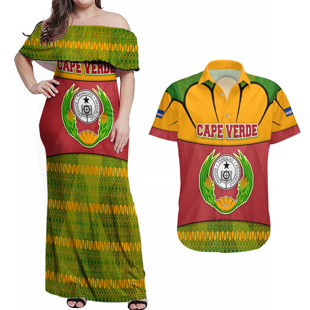 Cape Verde Couples Matching Off Shoulder Maxi Dress and Hawaiian Shirt with One Heart Ten Islands National Emblem Spirit