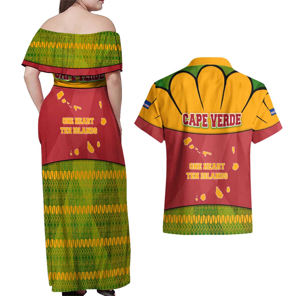 Cape Verde Couples Matching Off Shoulder Maxi Dress and Hawaiian Shirt with One Heart Ten Islands National Emblem Spirit