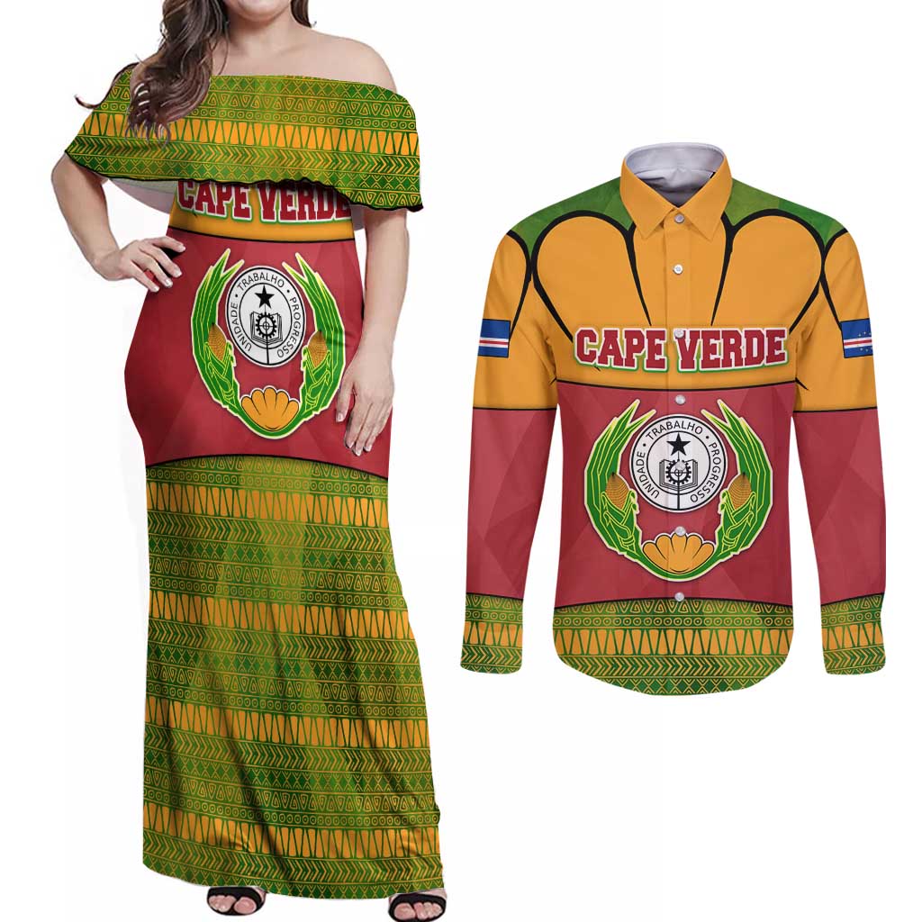 Cape Verde Couples Matching Off Shoulder Maxi Dress and Long Sleeve Button Shirt with One Heart Ten Islands National Emblem Spirit