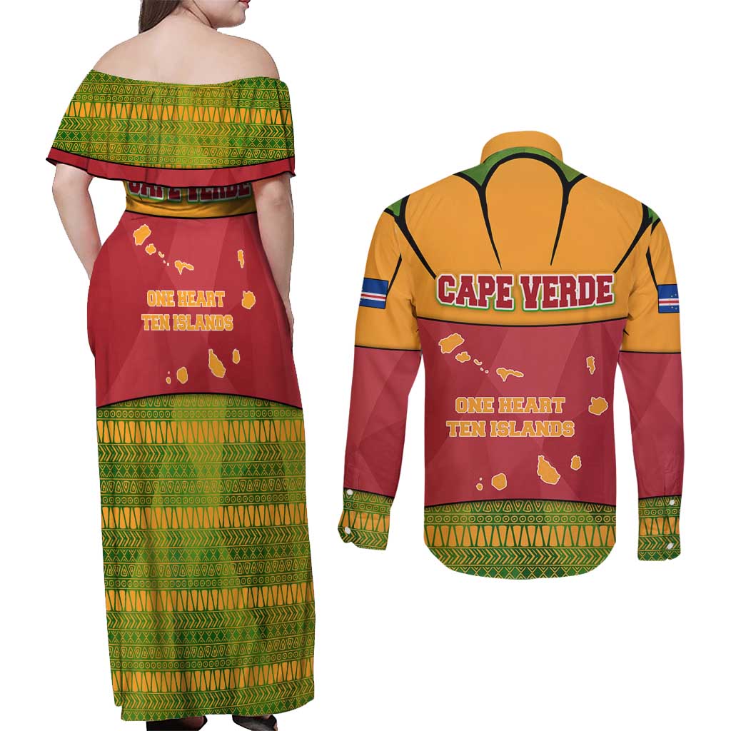 Cape Verde Couples Matching Off Shoulder Maxi Dress and Long Sleeve Button Shirt with One Heart Ten Islands National Emblem Spirit