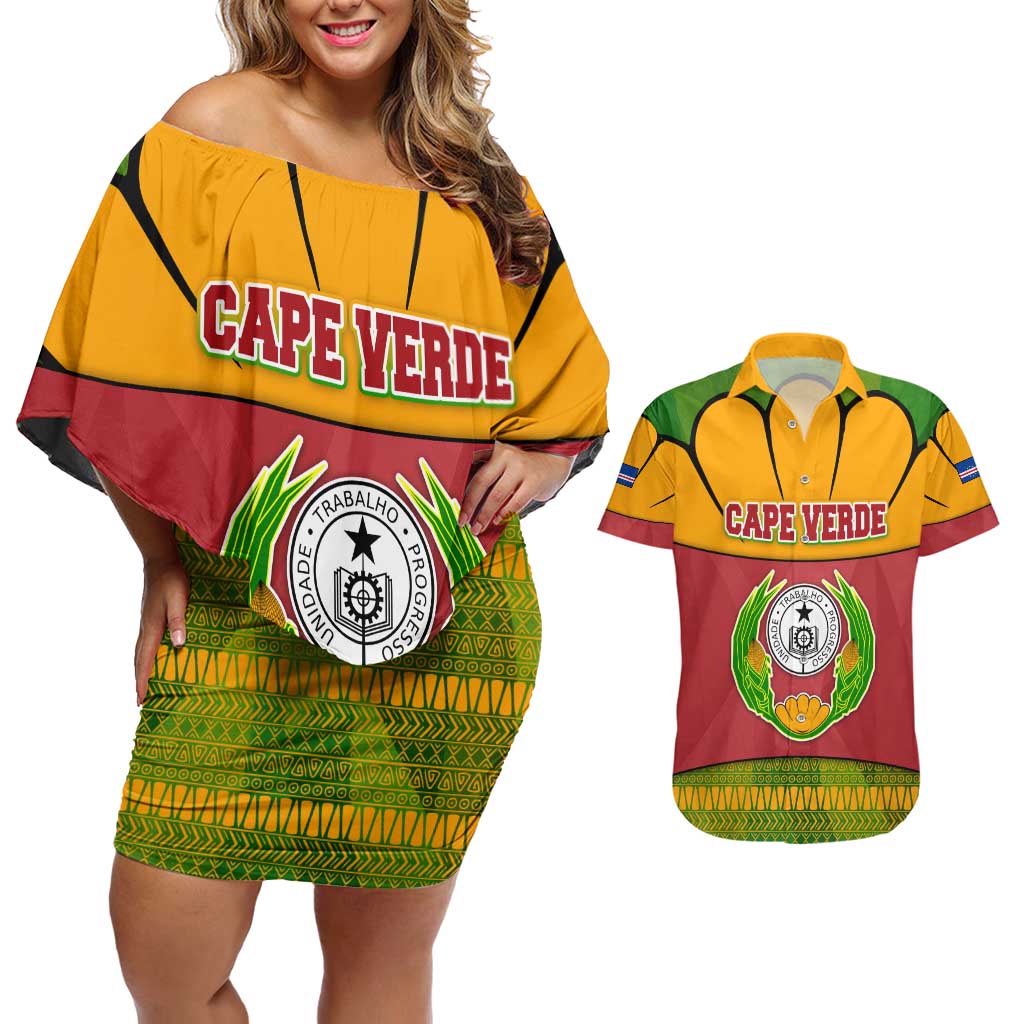 Cape Verde Couples Matching Off Shoulder Short Dress and Hawaiian Shirt with One Heart Ten Islands National Emblem Spirit