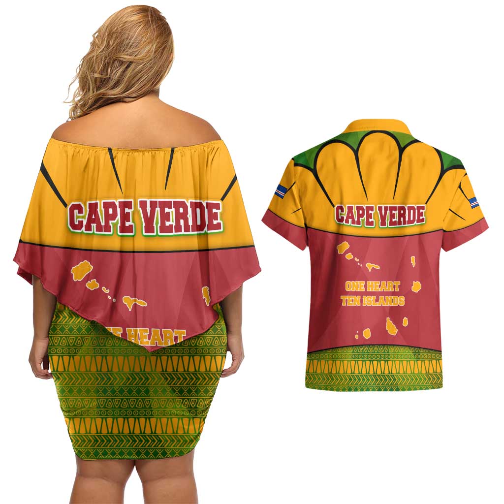 Cape Verde Couples Matching Off Shoulder Short Dress and Hawaiian Shirt with One Heart Ten Islands National Emblem Spirit