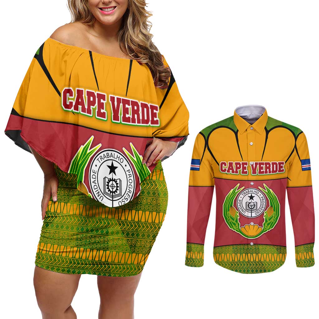 Cape Verde Couples Matching Off Shoulder Short Dress and Long Sleeve Button Shirt with One Heart Ten Islands National Emblem Spirit