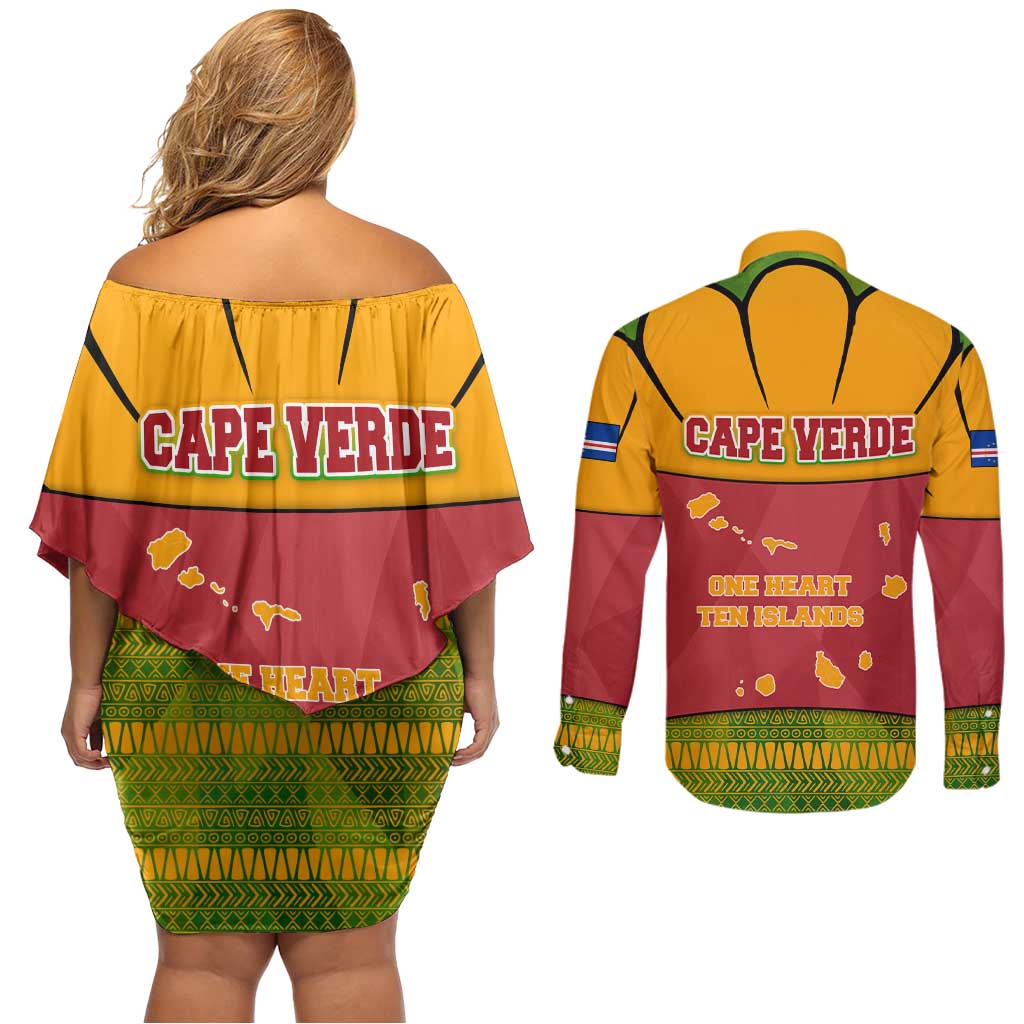 Cape Verde Couples Matching Off Shoulder Short Dress and Long Sleeve Button Shirt with One Heart Ten Islands National Emblem Spirit