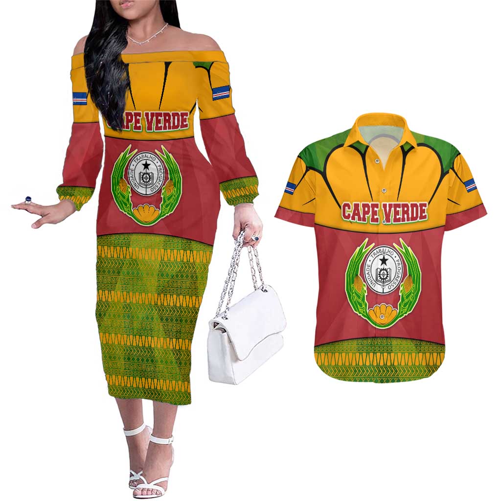 Cape Verde Couples Matching Off The Shoulder Long Sleeve Dress and Hawaiian Shirt with One Heart Ten Islands National Emblem Spirit