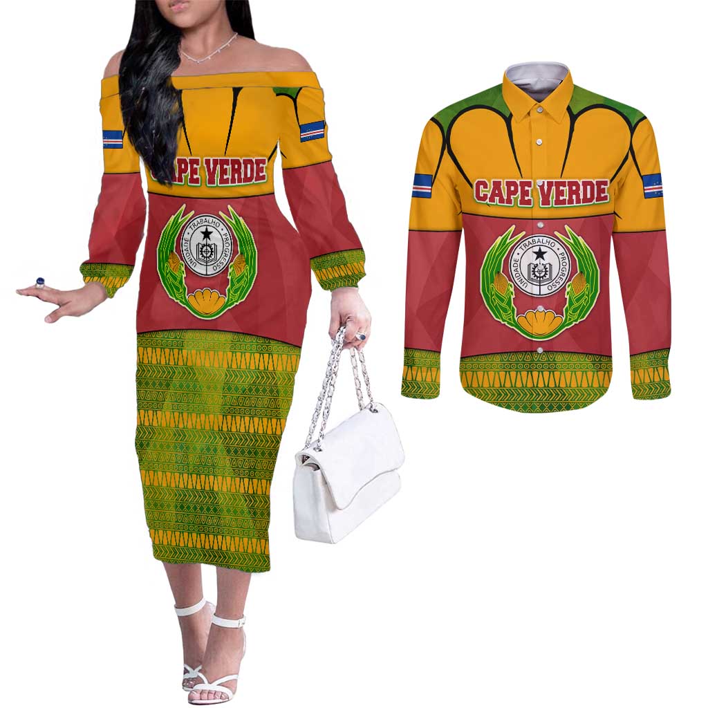Cape Verde Couples Matching Off The Shoulder Long Sleeve Dress and Long Sleeve Button Shirt with One Heart Ten Islands National Emblem Spirit