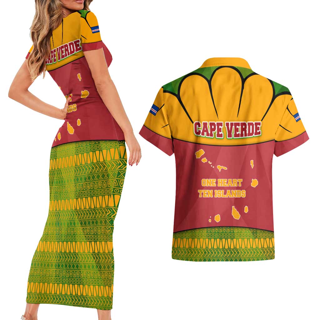 Cape Verde Couples Matching Short Sleeve Bodycon Dress and Hawaiian Shirt with One Heart Ten Islands National Emblem Spirit