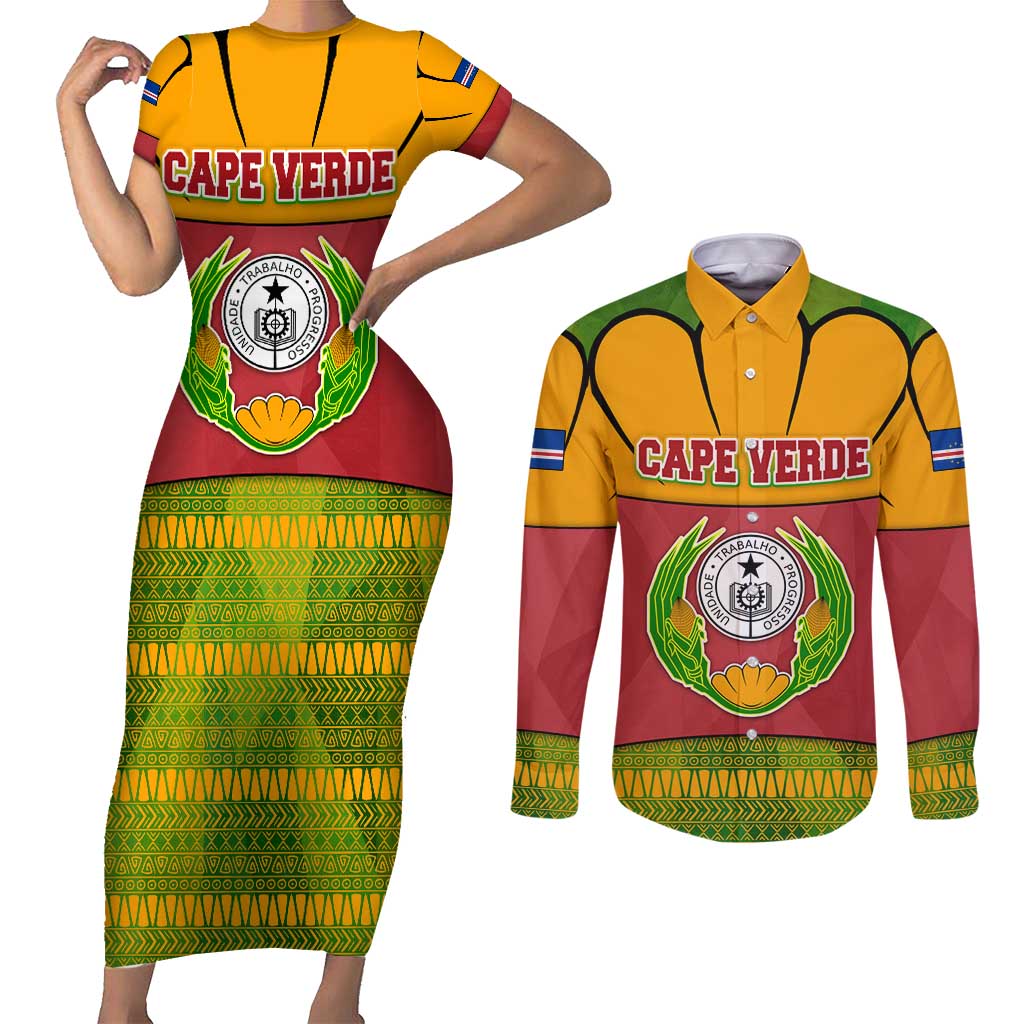 Cape Verde Couples Matching Short Sleeve Bodycon Dress and Long Sleeve Button Shirt with One Heart Ten Islands National Emblem Spirit