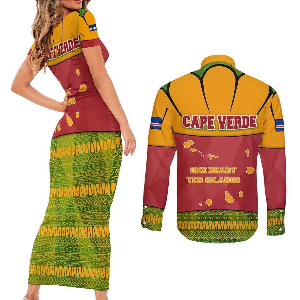 Cape Verde Couples Matching Short Sleeve Bodycon Dress and Long Sleeve Button Shirt with One Heart Ten Islands National Emblem Spirit