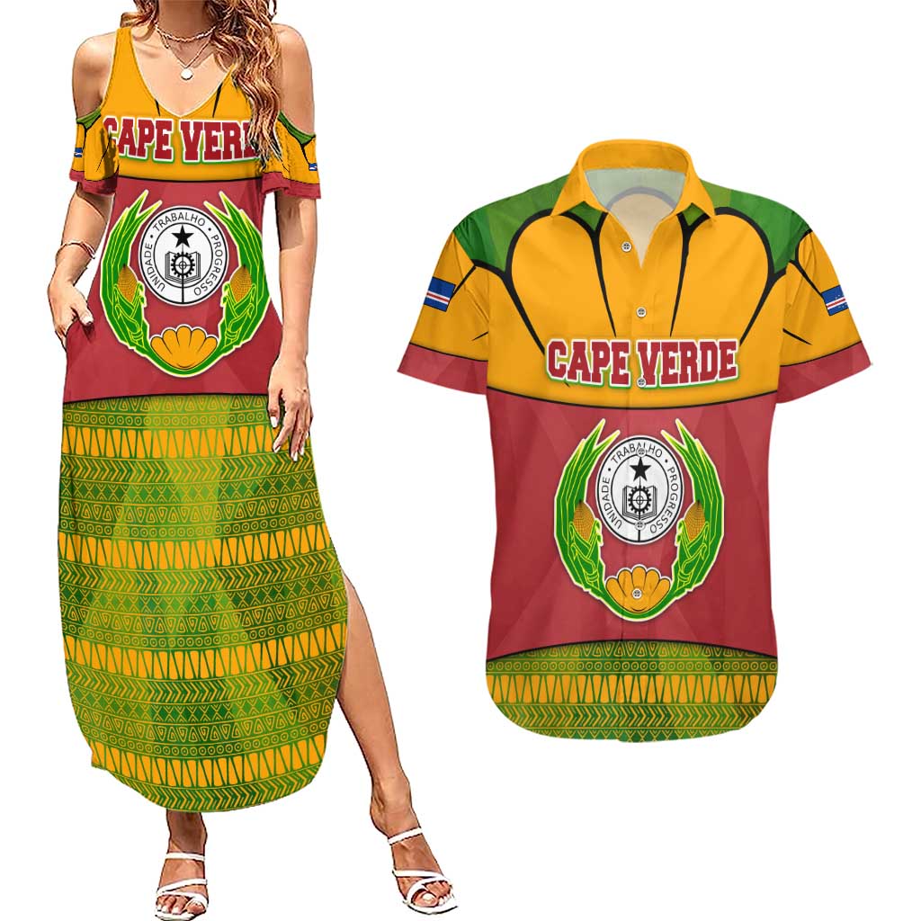 Cape Verde Couples Matching Summer Maxi Dress and Hawaiian Shirt with One Heart Ten Islands National Emblem Spirit