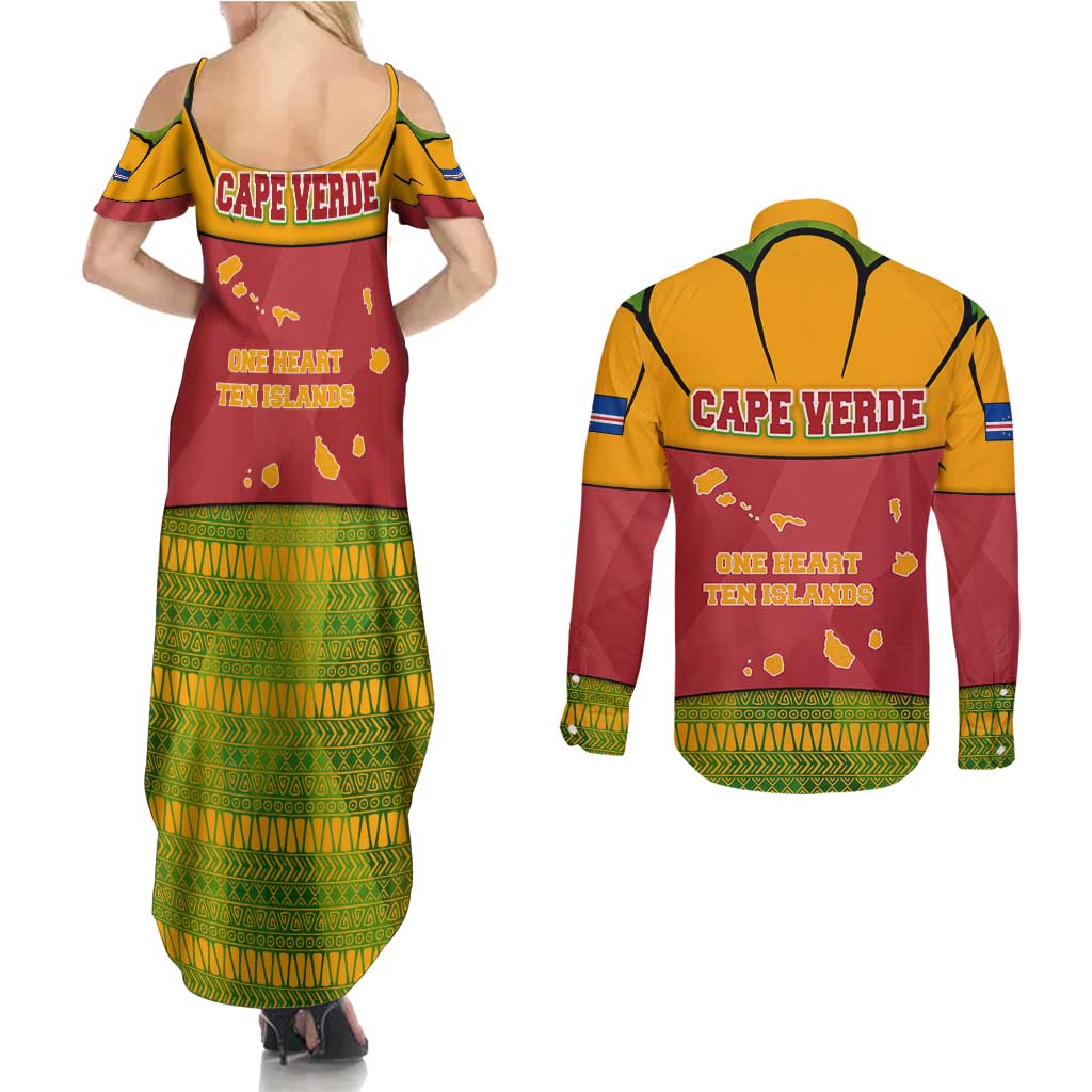 Cape Verde Couples Matching Summer Maxi Dress and Long Sleeve Button Shirt with One Heart Ten Islands National Emblem Spirit