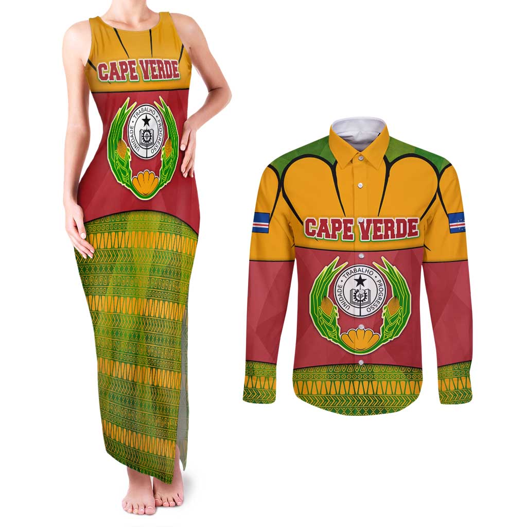 Cape Verde Couples Matching Tank Maxi Dress and Long Sleeve Button Shirt with One Heart Ten Islands National Emblem Spirit