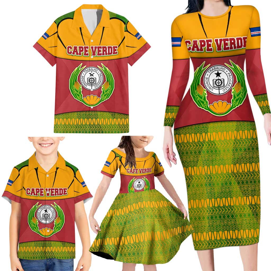 Cape Verde Family Matching Long Sleeve Bodycon Dress and Hawaiian Shirt with One Heart Ten Islands National Emblem Spirit