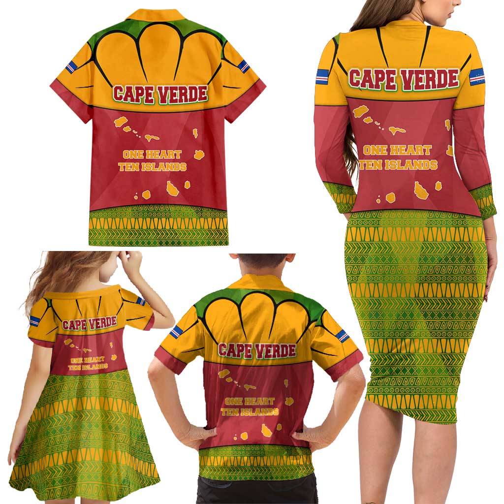 Cape Verde Family Matching Long Sleeve Bodycon Dress and Hawaiian Shirt with One Heart Ten Islands National Emblem Spirit