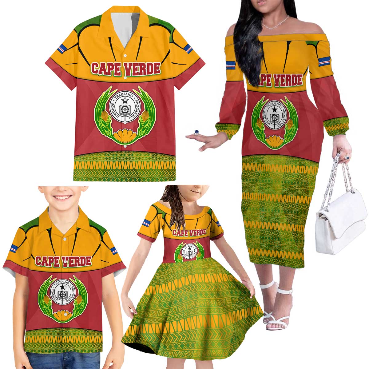 Cape Verde Family Matching Off The Shoulder Long Sleeve Dress and Hawaiian Shirt with One Heart Ten Islands National Emblem Spirit