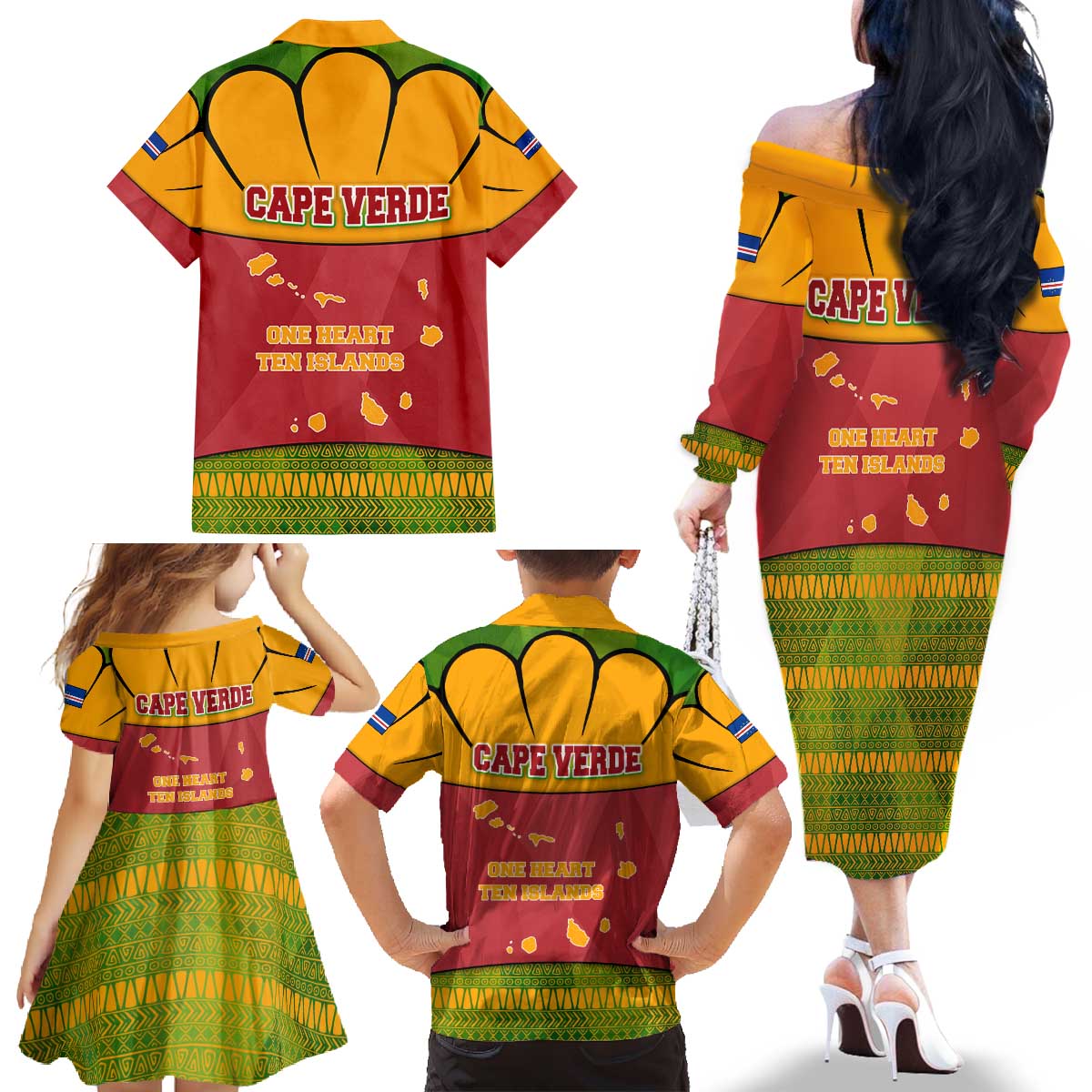 Cape Verde Family Matching Off The Shoulder Long Sleeve Dress and Hawaiian Shirt with One Heart Ten Islands National Emblem Spirit