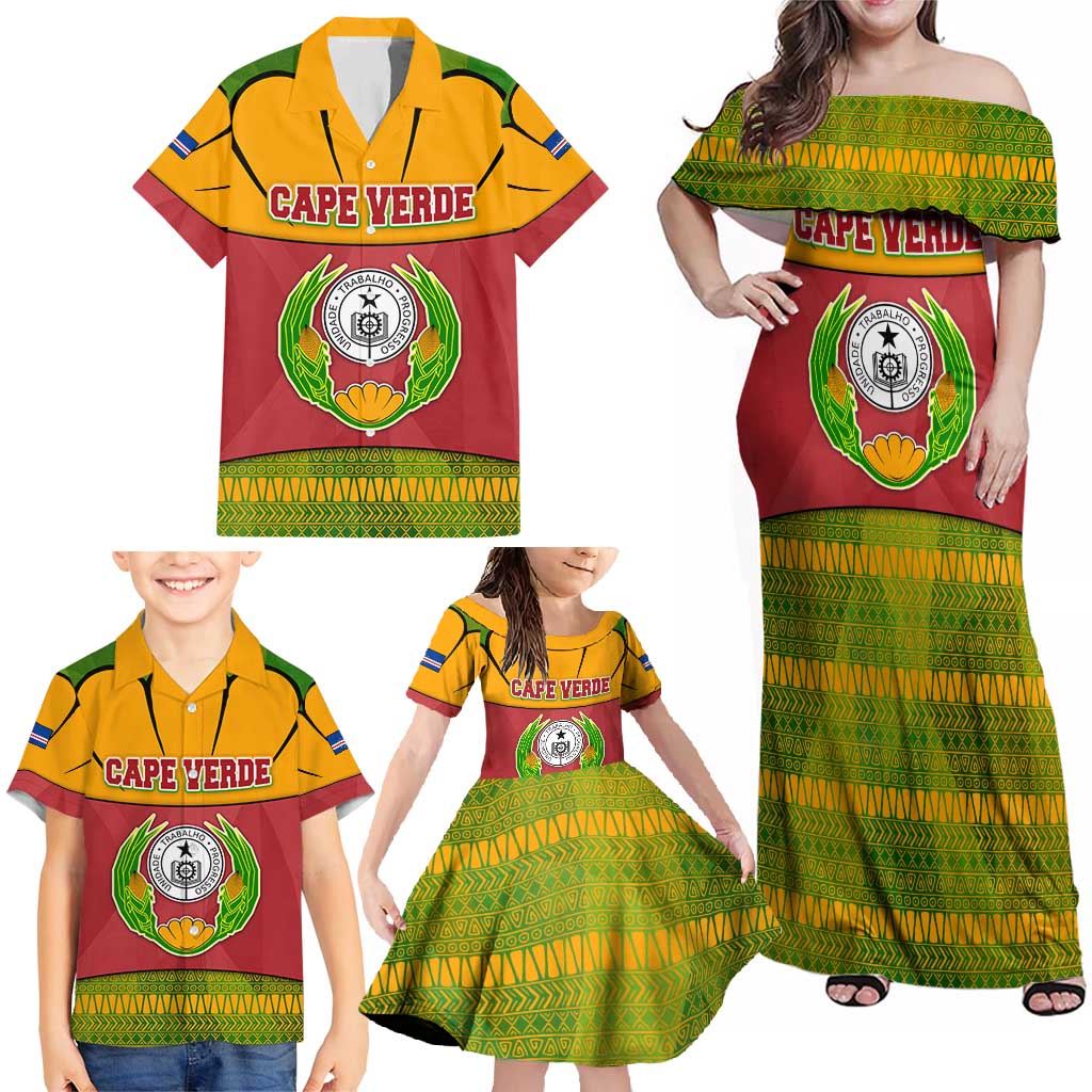 Cape Verde Family Matching Off Shoulder Maxi Dress and Hawaiian Shirt with One Heart Ten Islands National Emblem Spirit