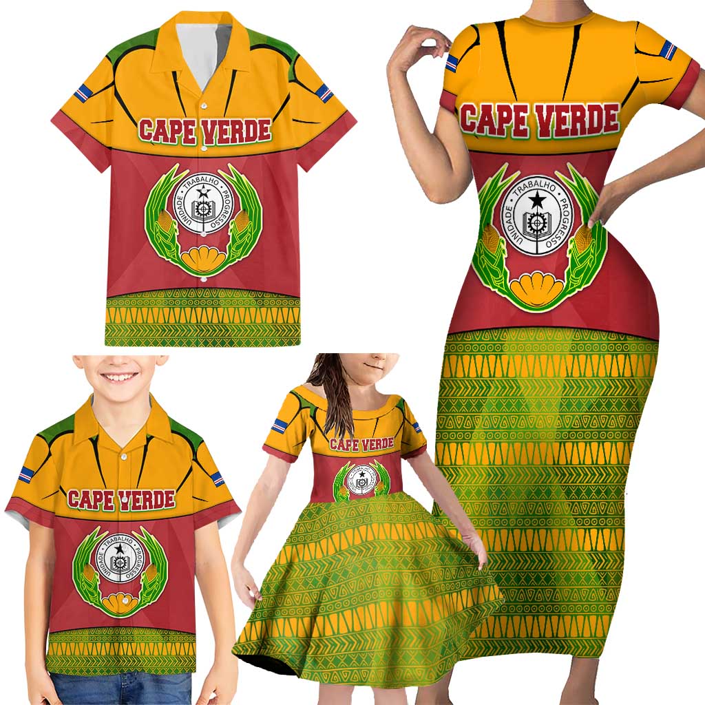 Cape Verde Family Matching Short Sleeve Bodycon Dress and Hawaiian Shirt with One Heart Ten Islands National Emblem Spirit