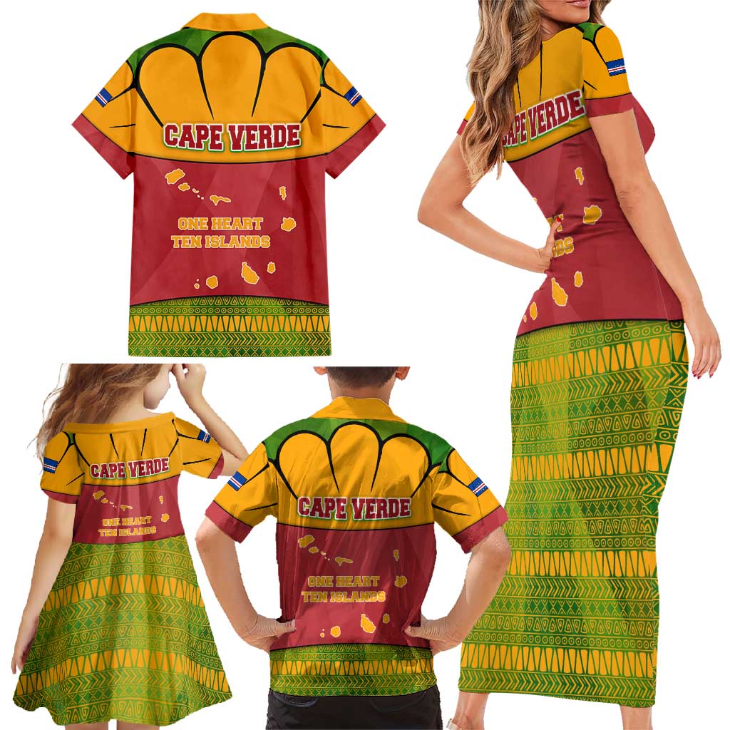 Cape Verde Family Matching Short Sleeve Bodycon Dress and Hawaiian Shirt with One Heart Ten Islands National Emblem Spirit