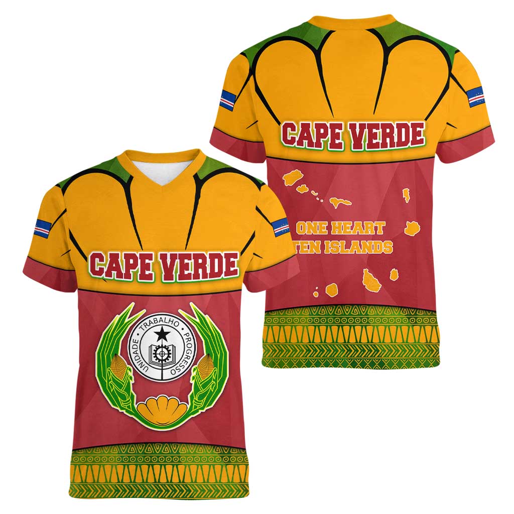 Cape Verde Women V-Neck T-Shirt with One Heart Ten Islands National Emblem Spirit