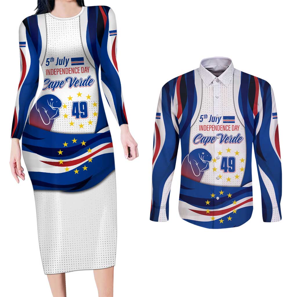 Cape Verde Couples Matching Long Sleeve Bodycon Dress and Long Sleeve Button Shirt with Independence Day 5th July Flag Celebration Spirit
